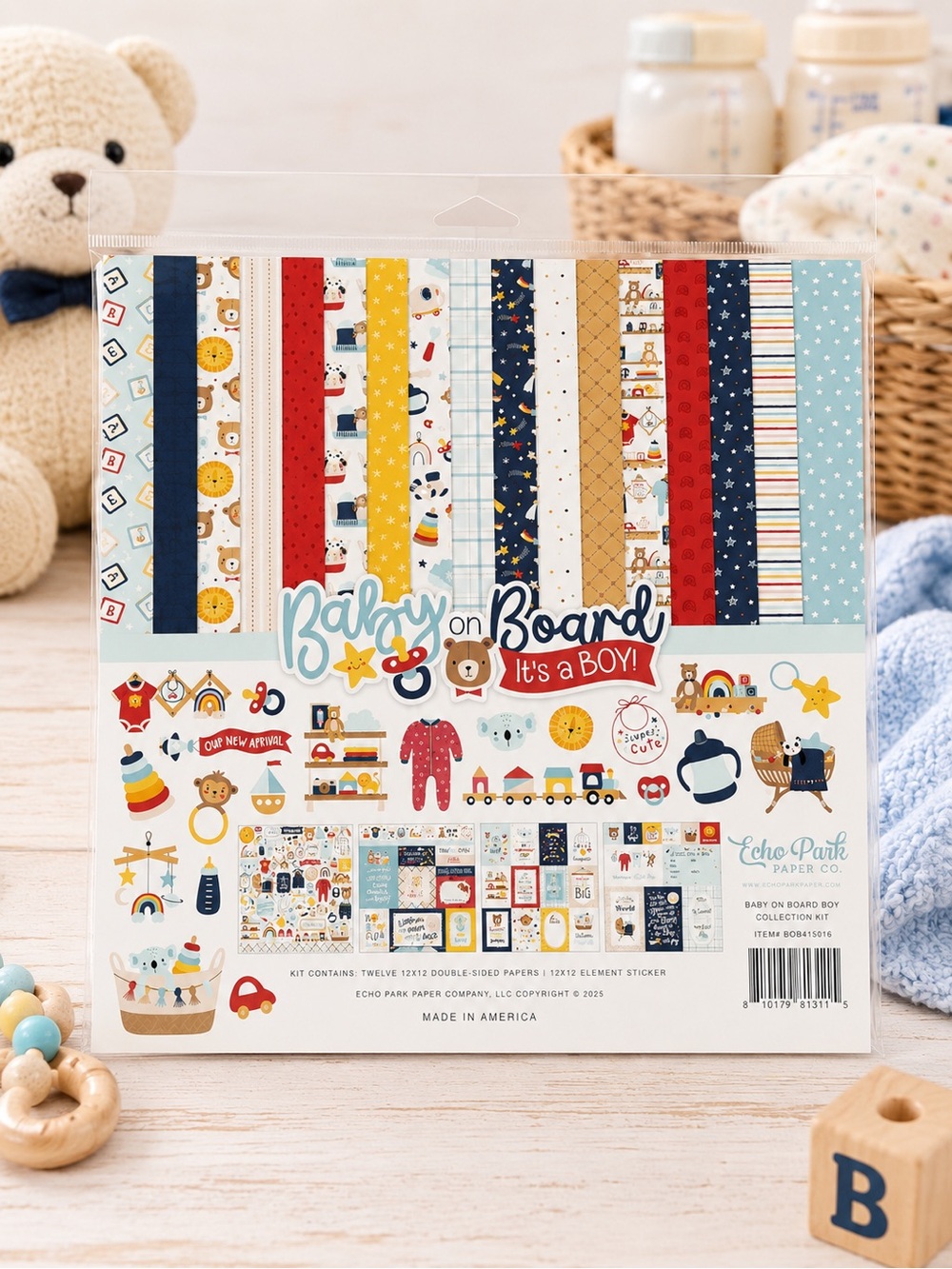 Echo Park Baby on Board It's a Boy Paper & Sticker Kit - Blue, Red, Yellow